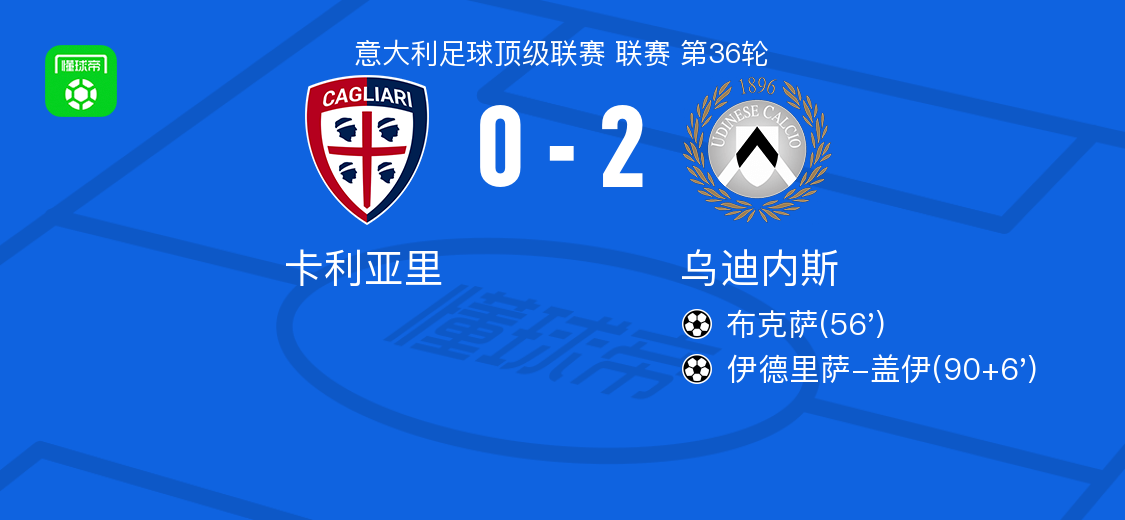 保利体育登录入口-乌迪内斯2-0卡利亚里，布克萨破门，伊德里萨-盖伊锦上添花